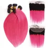 Mörka rötter rosa färg raka 3bundles med spets frontal silkeslen raka hårförlängningar med färgad 1b varm rosa frontlutning 13x4