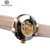 Forsining White Golden Mechanical Automatic Luxury Top Märke Lady Armbandsur Skelett Klocka Kvinnor Äkta Läder Klänning Klockor