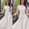 2020 lange mouw witte jumpsuits trouwjurken kanten chiffon satijn overskirts kralen kristallen bruidsjurken broek jurk vestidos de223k