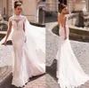 Nuevos impresionantes vestidos de novia de sirena blanca de encaje con capa Sexy Sheer Button Covered Backless palabra de longitud vestidos de novia Vestidos De Soiree