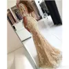 Champagne Mermaid 2019 Prom Dresses With 1/2 Half Sleeves Lace Applique Sweep Train Scoop Neck Plus Size Formal Evening Wear Party Gowns