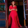 Party Train Dubai Árabe Red Plus Size Mermaid Vestidos Alças completa Lace Prom Dress manga curta Varrer Vestido vestido de festa
