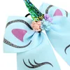 Princess Unicorn Cheer Bow med PonyRtail Holder Ribbon Hair Bow With Clip Fabric Cheerleading Bows Girl Hair Accessories HJ242