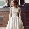 Livraison gratuite nouvelle robe de mariée à manches longues Scoop Satin appliqué une ligne robe de mariée avec poches Vestidos de Novia