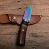 1 pcs new damasco faca de caça damasco aço colorido titanium revestido de lâmina de madeira handle sobrevivência ao ar livre em linha reta facas