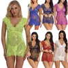 Damen-Set, mehrfarbig, S-XXL, sexy Ausschnitt, V-Ausschnitt, Blumenmuster, Wimpern, Spitze, Netzstoff, Flügelärmel, Babydoll, durchsichtiges Chemise, Dessous, Nachtwäsche, Kleid, Panty-Set