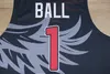 뉴 슬램 호크스 유럽 리그 스티치 1 라멜로 볼 농구 유니폼 스윙 맨 저지 셔츠 화이트 블랙