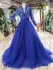 Kraliyet Mavi Zarif Akşam Örgün Elbiseler 2022 Arapça Uzun Kollu Boncuklu Dantel Balo Abiye Kırmızı Halı Ünlü Boho Gelin Elbise Gerçek Resim