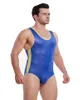 Czarno -Blue Men Bodysuit Bielizna pasiastka moda Wrestling Singlet Bodysuit męskie skórzane stroje kąpielowe męskie ciało Sml194C