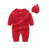 Baby Kids Designer Roupas Infantil Round Collar Jumpsuit de malha manga longa Botão Cardigan Romper + Hat Set Recém-nascidos Roupas M427