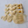 grade 10a 100 humain droit brésilien vague de corps blonde faisceaux de cheveux humains avec fermeture couleur naturelle vierge remy trame de cheveux avec fermeture