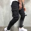 Patchwork Denim jean hommes crayon pantalon coupe ajustée motard jean maigre décontracté survêtement grande poche latérale Hip Hop noir Cargo pantalon 210U