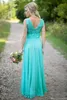 Turkusowe druhny sukienki Sheer Jewel Neck Lace Top szyfonowy długi wiejski druhna Maid of Honor Wedding Guns