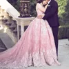 Gorgeous Pink Prom Dresses Long Cap Sleeves Off The Shoulder Puffy Bridal Gowns Lace Appliques Custom Made Celebrity Evening Dress