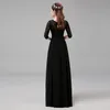 Meistverkauftes schwarzes Abendkleid für die Brautmutter, Chiffon und Spitze, durchsichtiges 3/4-Langarm-Abendkleid mit transparentem Ausschnitt und Kristallschärpe