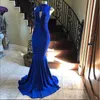 High Neck Royal Blue Prom Dresses Mermaid spets Applique pärlstav afrikanska festklänningar abendkleider långa formella klänningar