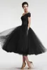 2020 Charming Black Mother of Bride Dresses Off The Shoulder Neck Short Sleeves A Line Tea Length Black Lace and Tulle Cocktail Dresses