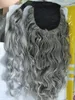 Wholesale-High Quality 20" Long Curly Human Hair Ponytail Extension Silver Grey Hair Clips In On Hair Ribbon Wrap Hairpieces Free Shipping