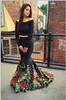 Black Printed Satin Evening Dresses Wear 2020 Long Sleeve Off Shoulder Mermaid Prom Dress 2 Piece Homecoming Bridesmaid Dress Vestidos De