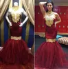 Burgundy Mermaid Prom Dresses Sexy Evening Gowns gold lace appliques South African evening dress formal Party Dress