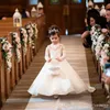 2020 Vit High Neck Flower Girl Dresses With Sash Long Sleeves Tiers Little Girl Wedding Gowns Lace and Tulle Tiered Girls Pageant Dress