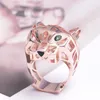 High Quality Fashion Lady Brass Hollow Out Green Eyes Zircon Leopard Head 18K Gold Wedding Engagement Rings 3 Color Size7-9