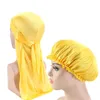 Unisexe soyeux Durag longue queue et larges bretelles vagues pour hommes solide large Doo Rag casquette élastique confortable chapeau de couchage