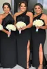 Modest Black Bridesmaid Dresses One Shoulder Floor Length Side Slit Mermaid Plus Size Country Wedding Maid of Honor Gown Custom Ma277S