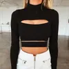 Sexy Frauen Langarm Cut Out T Shirts Crop Tops Clubwear Mode Damen Sommer Heißer Baumwolle Schwarz Aushöhlen Löcher t-shirt Heißer