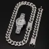 Hip Hop Bling Schmuck Herren Halskette Iced Out Diamant Miami Kubanische Gliederkette Gold Silber Uhr Halsketten Armband Set