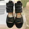 2020 New Women Summer Sandal Fashion Balck High Heel with Sparkles Leather Sandals Dress Ladies Shoes Mid-heel Good Quality with Box