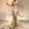Illusion Mermaid Avondjurken met Pure Juweel Neck Major Kralen Pearls Front Split Prom Dress See door Cocktailjurk Dubai