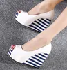 Hot Sale-Sweet navy stripes white wedge shoes peep toe platform wedges black patent leather shoes 2 colors size 35 to 39