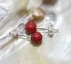 8MM Red Coral Round Beads 925 Silver Stud Earring Y4408