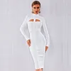 Casual Klänningar Vinter Höst Kvinnor Elegant Kändis Party Bodycon Bandage Klänning Vit Långärmad O-Hals Hollow Out Sexig Nightclub Vestidos