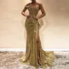 Sexy Gold Mermaid Evening Dresses Long High Side Split Sparkly Sequins Prom Party Gowns Deep V Neck One Off Shoulder Glitter Celebrity Dress