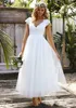 2024 New Cheap Country A Line Wedding Dresses Deep V Neck Tulle Lace Cap Sleeves Ankle Length Beach Boho Garden Formal Bridal Gowns 403