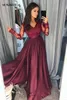 Manches longues bordeaux robes de bal une ligne col en v paillettes perles appliques robes de soirée longue Satin Robe formelle femmes