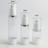 360 x 15 ml 30 ml 50 ml Flacon pompe blanc sans air en plastique transparent de voyage avec couvercle à bord argenté Récipient d'emballage de lotion rechargeable