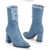 Hot Rea- Dam Skor Kvinna Zapatos Mujer Sapato mid-calf stövlar Chunky High Heels Denim Jean Booties spetsig tå XZ181262