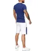 Hommes survêtements 2 pièces tenue survêtement ensembles de Sport homme Patchwork à manches courtes t-shirt + pantalon été décontracté Fitness vêtements de sport