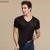 100% Real Silk Man's T shirts Short Sleeve V Neck Man Wild Black White Solid Color Male Bottoming Tee Sweater Shirts Tops