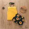 2020 Baby Girls Shorts Set With Hairband Headband Hair Wrap Tank Vest Sunflower Shorts Two Piece Kids Sports Casual Suit7618573