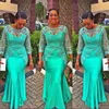 Charmiga Aso Ebi Gröna Långärmade Afton Klänningar Sheer Neck Lace Appliques Pärlor Mermaid Prom Klänningar African Plus Size Party Dress Forma