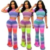 Flared Byxor Outfits Kvinnor Designer TrackSuit Gradient Färg Slank Sportkläder Sexig Crop Top Pullover Legging Womens Tops KLW1765