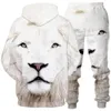3d beyaz aslan kafası dijital baskı kapşonlu rahat uzun kollu pantsuit