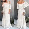 Bohemian Crochet laço branco Mulheres vestido vintage Off The Shoulder Ruffle Longo vestido de festa de Verão 2020 Praia Maxi Vestidos Vestidos