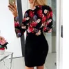 Kobiety Plus Size Sukienka Sexy V Neck Z Długim Rękawem Róża Drukowana Przycisk Party Mini Suknie Elgant Bodycon Suknie Kobieta Party Noc