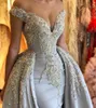 Gorgeous Mermaid Beaded Evening Dresses With Detachable Train Sheer Off The Shoulder Short Sleeves Prom Gowns Sequined Satin Formal Dress