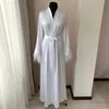 2020 White Satin Wedding Robes V-neck Long Sleeve Beaded Feather Bridesmaid Robe Custom Made Ruched Sweep Train Night Gown For Women